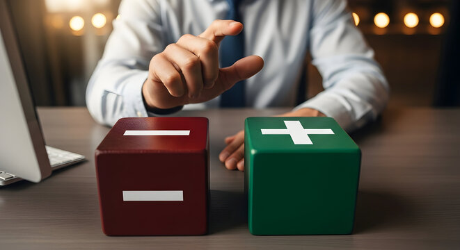 Man weighing pros and cons with plus and minus decision cubes