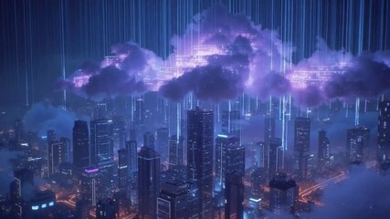 Digital rain illuminates a futuristic cityscape under a vibrant, electric cloud, symbolizing data flow and technological advancement - Powered by Adobe