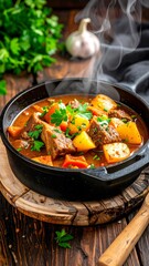 Delicious steaming bowl of hearty vegetable and meat stew garnished with fresh herbs in a rustic setting with garlic and parsley in the background