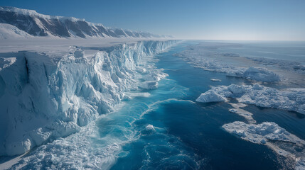 An aerial perspective showcases the dramatic melting icebergs of Antarctica, where the vivid blue sea claims the collapsing icy giants