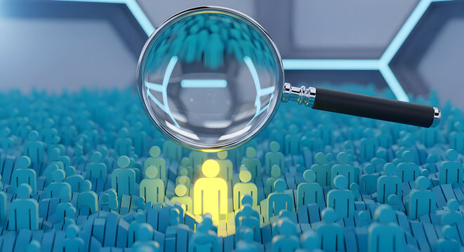 Magnifying glass highlights unique person in crowd, perfect for recruitment