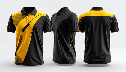 Front and back view of a black and yellow polo shirt with a modern design, showcasing athletic wear and sporty fashion of mockup