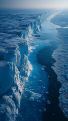 An aerial perspective showcases the dramatic melting icebergs of Antarctica, where the vivid blue sea claims the collapsing icy giants