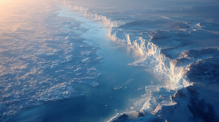 An aerial perspective showcases the dramatic melting icebergs of Antarctica, where the vivid blue sea claims the collapsing icy giants