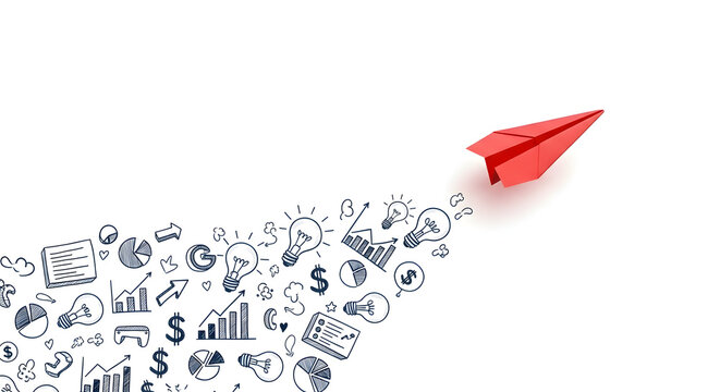 Red paper airplane soars, leaving a trail of business ideas and growth symbols