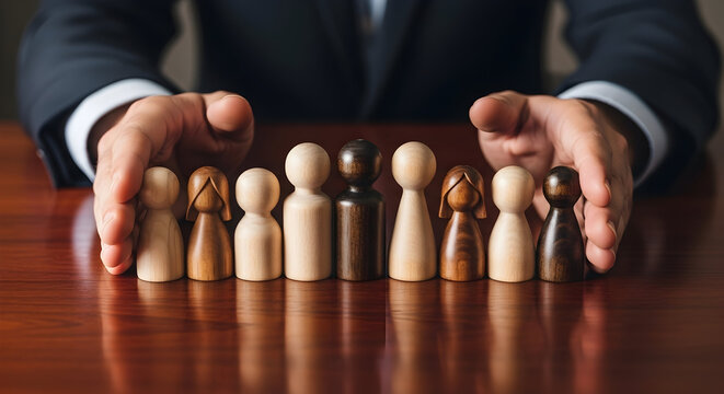 Protective hands shield diverse wooden figures, symbolizing team care and inclusion