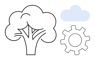 Outline of a tree, cloud, and gear symbolizing sustainability, environment, technology, and collaboration. Ideal for ecology, growth innovation teamwork environment progress education. Simple