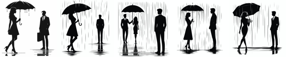 vector silhouette of a woman using a rain umbrella with a man's shadow behind her