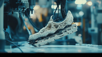 A robotic arm manufactures a detailed shoe prototype within a factory environment