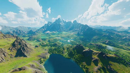 A vast mountain range dominates a lush landscape with a lake, under a partly cloudy sky