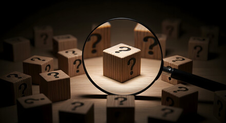 Magnifying glass focuses on wooden cube with question mark, mystery solved