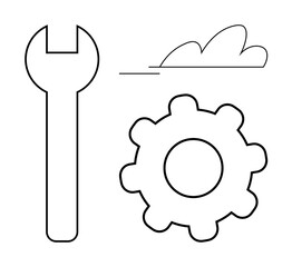 Wrench, gear, and cloud outline symbolizing tools, mechanical setup, cloud solutions, customization, and system management. Ideal for repair technical service cloud computing. Simple flat metaphor