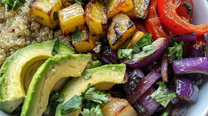 Colorful close-up of a healthy bowl with quinoa, roasted vegetables, avocado, and herbs