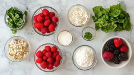 Overhead shot of fresh ingredients in glass bowls, including berries, oats, spinach, and flour
