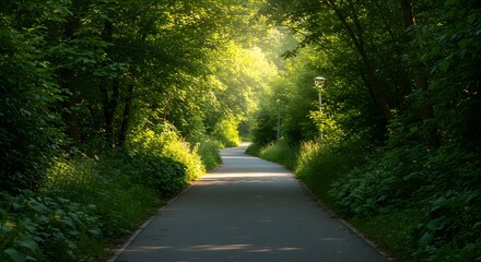 A paved path winds through a lush, sunlit forest, inviting exploration and offering a sense of peace