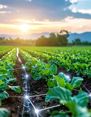 Lush green crops thriving in rows, illuminated by the warm sun