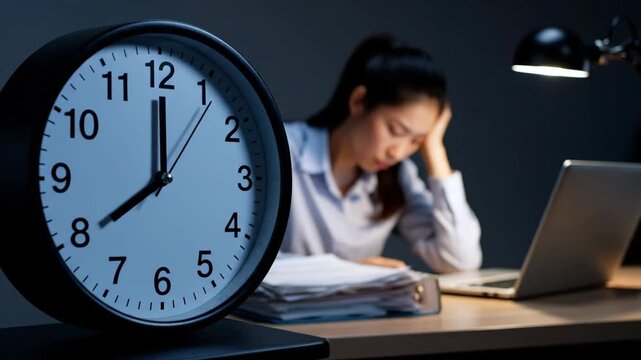 Tired business woman working on computer at night showing burnout and a desk clock moving through time lapse video footage