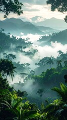 Lush rainforest scene with mountains and mist, illuminated by soft sunlight