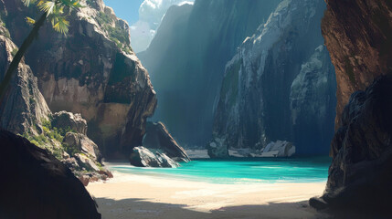 A tranquil beach cove framed by dramatic cliffs, sunlight filtering through the mountains