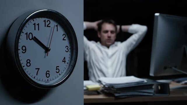 Workload progression of a tired man working overtime, experiencing burnout with time ticking by in dark office footage.