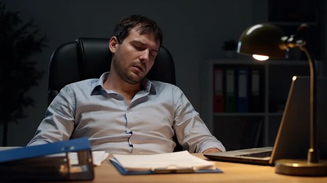 Tired caucasian man falls asleep at his desk at night, overworked employee experiencing burnout from long hours, exhaustion concept footage.