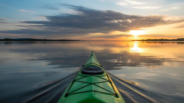 Kayaking on calm lake during beautiful sunset adventure
