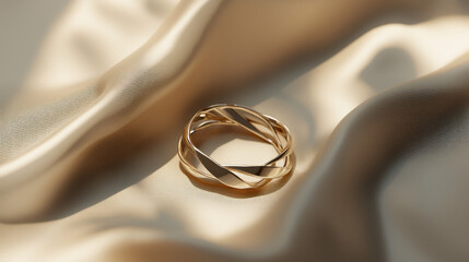 Three interwoven gold rings sit on elegantly draped, shiny, pale, yellowish fabric