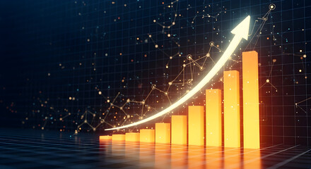 Dynamic financial growth chart with upward trending arrow and network visualization