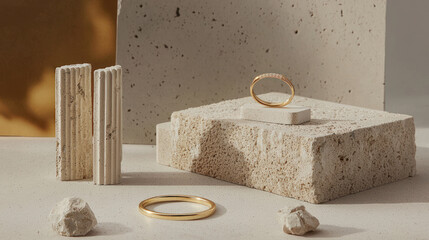 Ring display features gold jewelry on textured stone blocks with a subtle, warm background