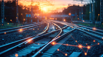 Railroad tracks converging in sunset, with digital connections overlayed
