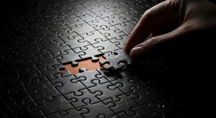 Completing the puzzle, hand placing final piece, strategy and solution concept