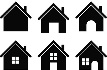 Fototapeta premium Set of 6 Black House and Home Icons, Real Estate and Property Symbols Vector Illustration on White Background