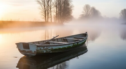 Serene Dawn: Wooden Rowboat on Misty River Reflecting Tranquility