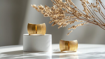 Two gold cuff bracelets rest on a white cylinder with dried grasses in the background