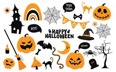 Halloween elements horror vector set design. Happy Halloween with pumpkins, witch hat, bat, jack o, bat and moon decoration flat elements collection. Vector illustration trick or treat icon set.