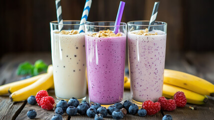 Three vibrant smoothies with straws, topped with granola, fruits nearby on a wooden surface