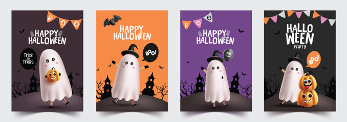 Halloween ghost card vector poster set design. Happy Halloween greeting text with ghost cute characters for kids horror party invitation card collection. Vector illustration trick or treat postcard © AmazeinDesign