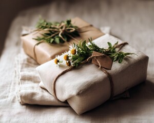 Close-up of eco-friendly gift wrapping with linen fabric, jute twine, and chamomile flowers on a neutral background. Perfect for sustainable lifestyle and handmade holiday visuals.