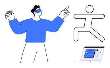 Man wearing VR headset interacting with digital simulation, figure in action pose, laptop interface. Ideal for virtual experience, technology, gaming, education, innovation, creativity simple flat