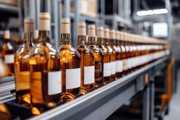 Row of wine bottles on production line