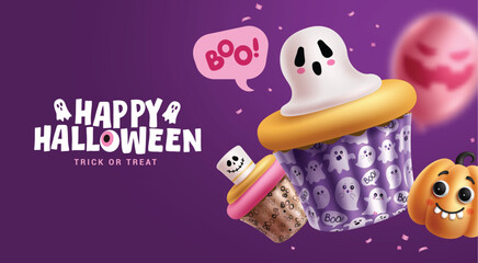 Halloween greeting text vector design. Happy Halloween trick or treat text with cup cake elements, ghost marshmallow toppings and pumpkin elements in violet background. Vector illustration