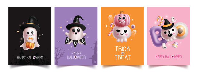 Fototapeta premium Halloween ghost characters vector poster set design. Happy Halloween greeting card collection with cute ghost and pumpkins character for party flyers template. Vector illustration horror postcard set.