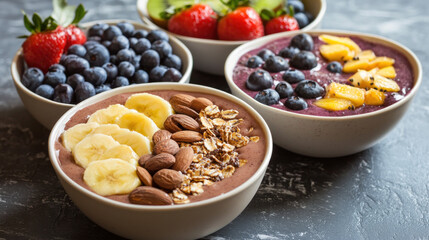 Close-up of four bowls smooth purples and browns topped with fruit, nuts, and granola
