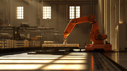 Factory scene depicts a robotic arm constructing a train car with sunlight streaming in