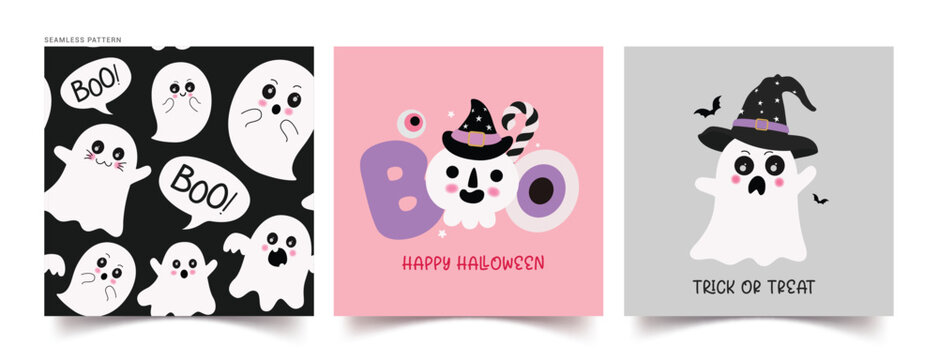 Halloween ghost seamless pattern vector design. Happy Halloween and trick or treat greeting text with ghost cute character for poster set design. Vector illustration horror wallpaper collection.