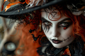 Fototapeta premium Close up of spooky Día de Muertos zombie makeup with glowing eyes, halloween party style, generative ai