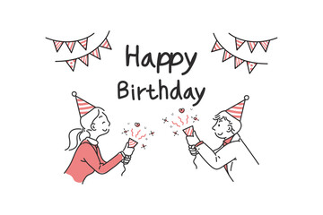 Line drawing, cartoon, happy birthday, two-color picture, black, pink