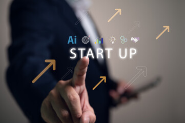 Businessman launching a new business startup. The virtual interface shows key success factors like AI, goals, and partnerships, symbolizing entrepreneurship, innovation, and company growth.