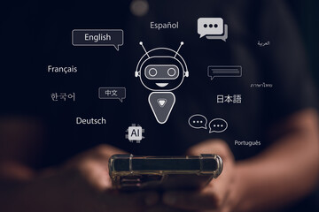 User holding a smartphone with an AI chatbot translator. The virtual interface displays multiple languages like English, Spanish, and Thai, symbolizing global communication and machine translation.