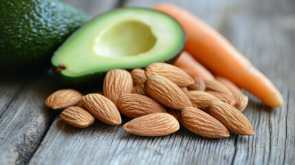 Close-up of fresh, raw avocado, carrot, and almonds on a weathered wooden surface